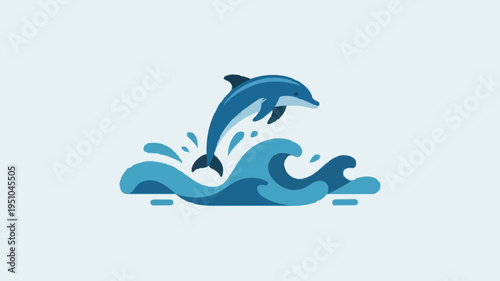 Minimalist Dolphin Jumping Above Geometric Ocean Waves Flat Vector for World Dolphin Day