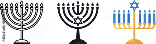 Hanukkah menorah icon set with Star of David, jewish festival of lights candles traditional judaica symbol flat vector illustration