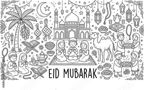 Eid Mubarak Doodle Illustration Black and White Islamic Elements Mosque Camel Family Ramadan Celebration Line Art