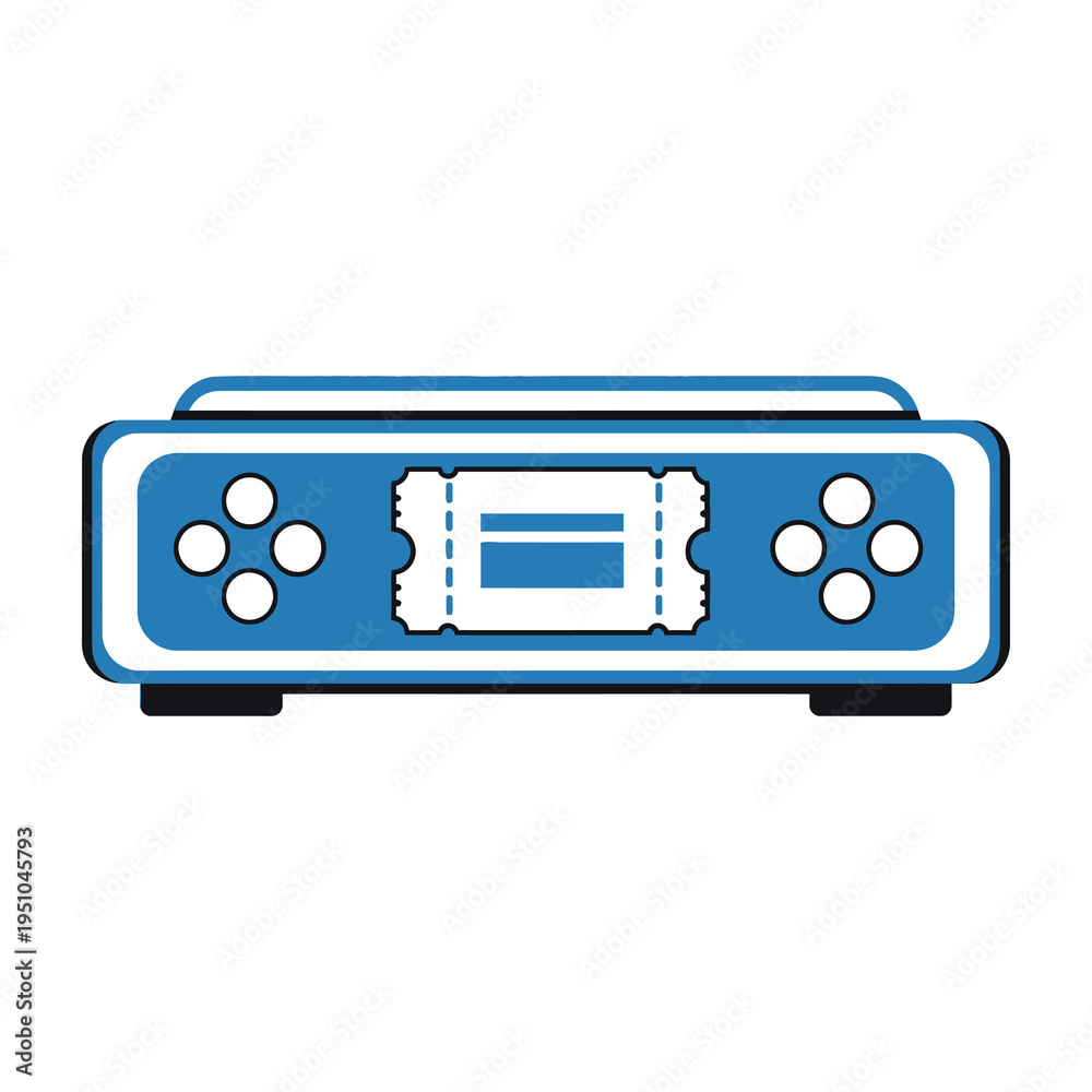 Obraz premium Blue retro game console with white accents and movie ticket