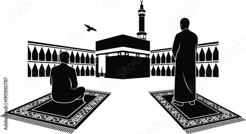 Muslim prayer at Kaaba mosque, worshippers on prayer mats, Mecca pilgrimage spirituality, Islamic faith devotion, black white vector illustration silhouette