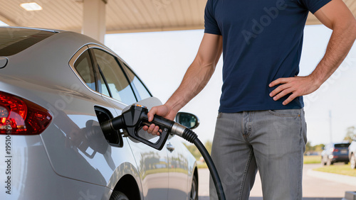 Foto man with gas pump, A man is fueling a car, He is at a gas station, He is standin