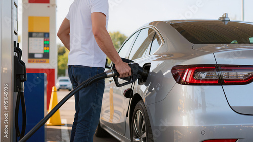 Photos man with gas pump, A man is fueling a car, He is at a gas station, He is standin