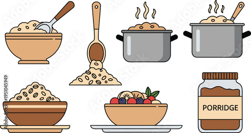 Porridge Breakfast Collection with Cooking Pot Bowl Spoon Oatmeal Jar and Healthy Grain Meal Elements Flat Vector Illustration for Food and Nutrition Design