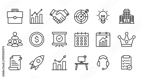 Modern business icon set with corporate management, teamwork, strategy, leadership and office workflow concepts, Editable Stroke, Professional start up and company vector collection
