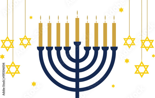 Hanukkah menorah with candles and hanging star of David decorations, jewish festival of lights holiday celebration flat vector illustration