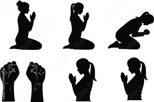 praying woman silhouette set, kneeling prayer poses, spiritual worship gesture collection, faith religion concept illustration isolated on white background