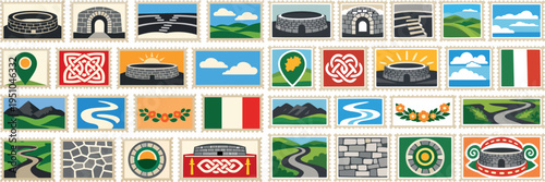 Grianan of Aileach Donegal Ireland Landmark Stamp Set with Celtic Ringfort Irish Heritage Travel Icons