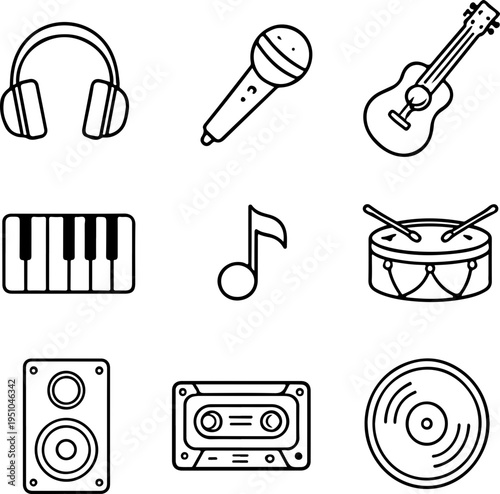 Music icons set including headphones microphone guitar piano drum speaker cassette player and cd representing various music elements and tools for creative expression