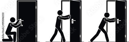 stick figure opening door sequence, human entering room action, simple people icon set, access entry concept silhouette illustration