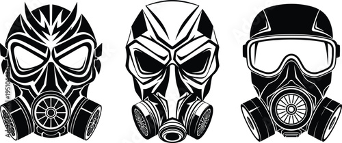 Set of black and white gas mask vector illustrations, tactical respirator face masks, apocalyptic military equipment, protective gear design icons.