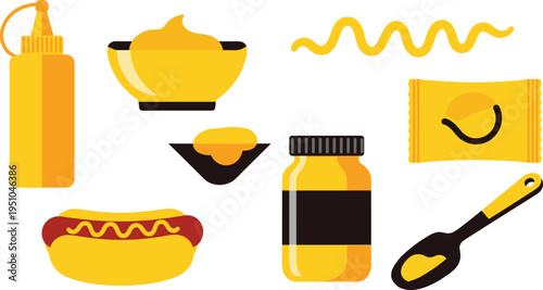 Street Food Collection with Hot Dog Mustard Sauce Bowl Snack Packet Jar Condiment Bottle and Utensil Flat Vector Illustration for Fast Food Design