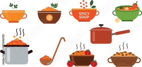 Soup and Stew Collection with Cooking Pot Ladle Bowls Spicy Soup Vegetables and Hot Meal Elements Flat Vector Illustration for Food and Kitchen Design