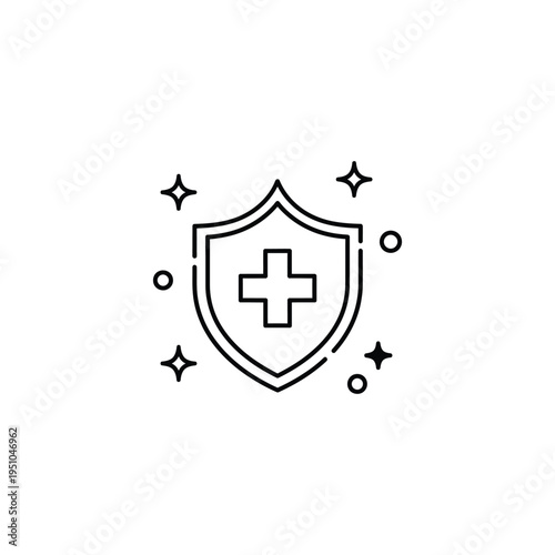 Medical shield icon with a cross is protected by sparkling stars and circles