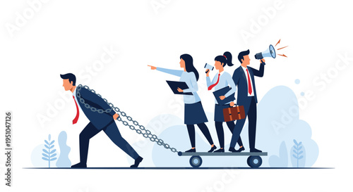 Hardworking businessman pulling a heavy cart with lazy colleagues sitting on it and giving commands representing unfair work distribution.