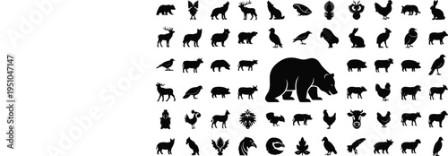 Comprehensive Vector Silhouette Collection Featuring a Large Grizzly Bear Surrounded by Diverse Wildlife and Farm Animals for Nature and Livestock Themed Projects