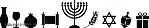 Jewish holiday symbols set with menorah Star of David dreidel Torah wine pomegranate icons black flat vector illustration