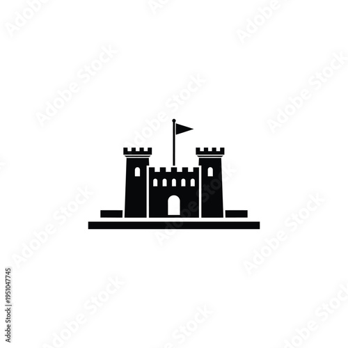 An illustration depicts a medieval castle with towers and a flag on a flat landscape.