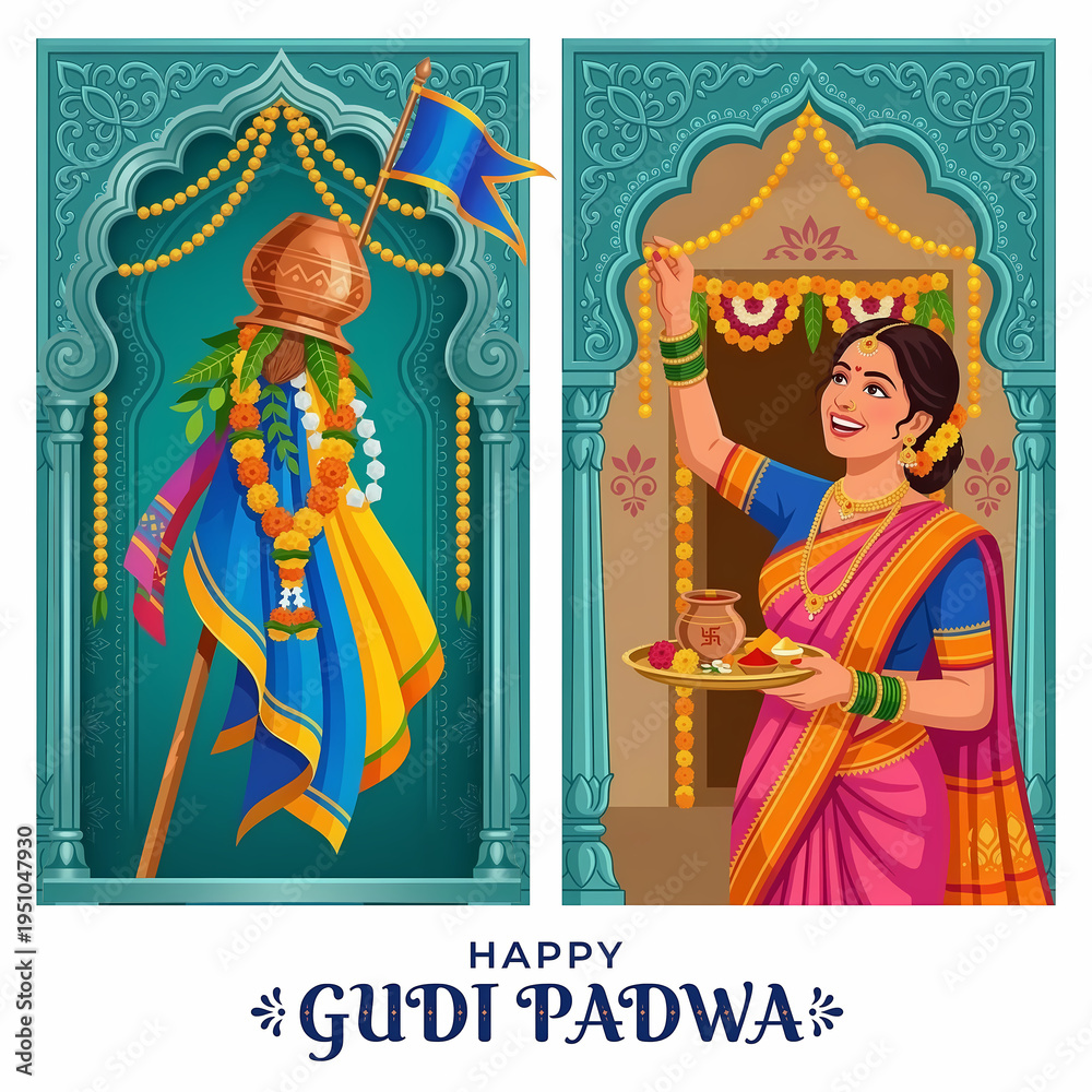 Obraz premium Gudi Padwa Triptych with Woman Decorating Doorway