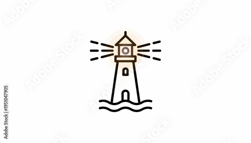 Minimalist Lighthouse Icon with Light Beams and Waves, Nautical Navigation Symbol