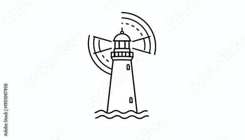 Minimalist Lighthouse Icon with Waves and Signal Beams, Vector Illustration