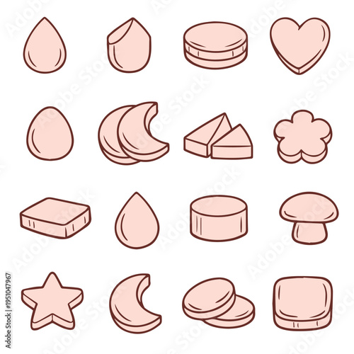 A set of pink makeup sponges—round, teardrop, and cone-shaped—for applying foundation and powder. Soft, pastel-colored beauty tools with a smooth, matte finish. Doodle style.