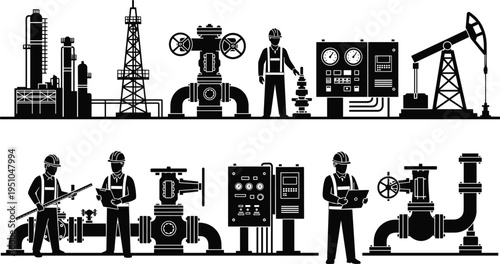Set of nine black and white gas mask vector illustrations, tactical respirator icons, apocalyptic protective gear, military survival equipment, security, hazard.