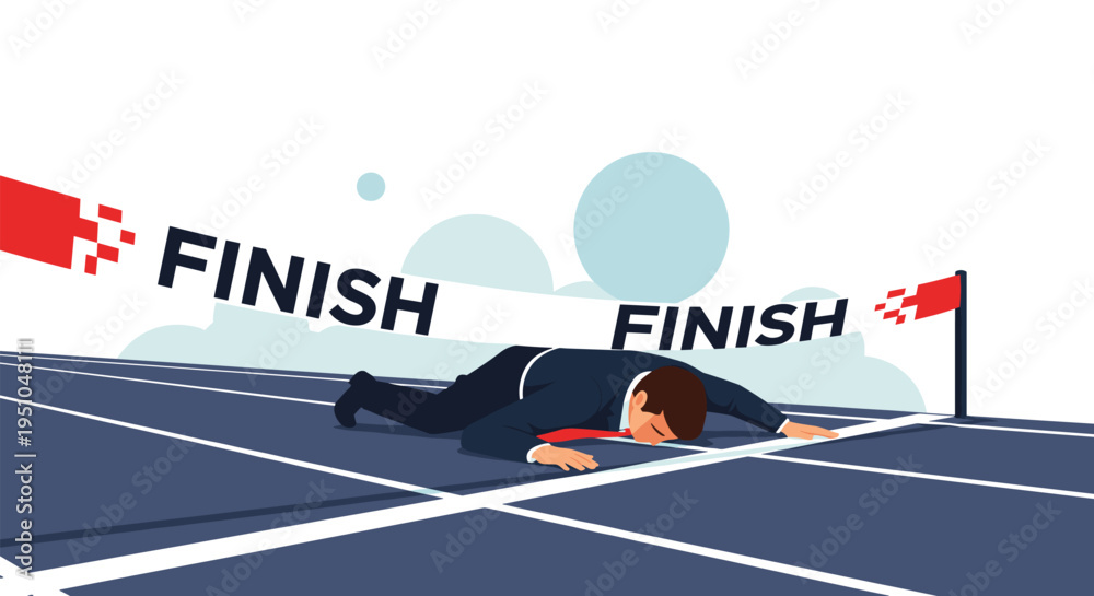 Fototapeta premium Exhausted businessman crawling to cross the finish line of a race track representing persistence and determination to reach final career goals.