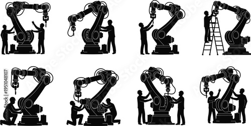 Set of nine black and white gas mask vector illustrations, tactical respirator icons, apocalyptic protective gear, military survival equipment, security, protection.