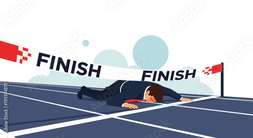 Exhausted businessman crawling to cross the finish line of a race track representing persistence and determination to reach final career goals.