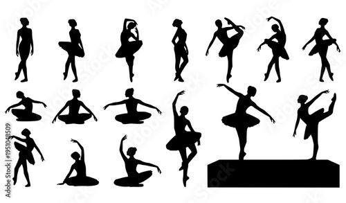 Ballerina silhouette collection with ballet practice and performance poses in clean vector style