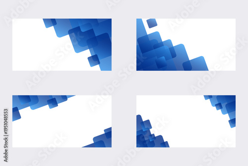 ビジネスやテクノロジーに最適な青い幾何学抽象バナー背景4点セット。 コピースペース付きのIT・デジタルイメージの青色グラデーション幾何学模様フレームセット。