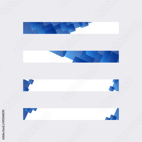 ブルー幾何学バナー素材。IT・デジタルイメージの青色グラデーション、細長レイアウトでUIやWebヘッダーに最適な抽象背景。余白付きでWebサイトやヘッダーバナー背景、広告デザインに使えるベクター素材。
