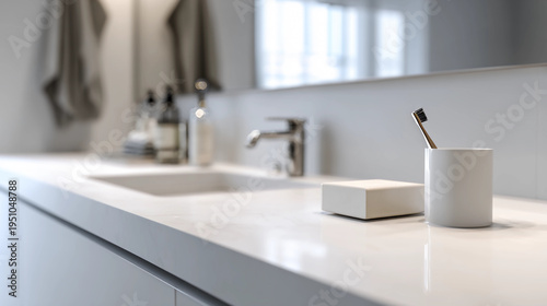 minimalist white bathroom counter with a blurred sink and brush in the background, 3d rendering, blurred focus on the countertop, high resolution, in the style of canon eos a7r iv camera