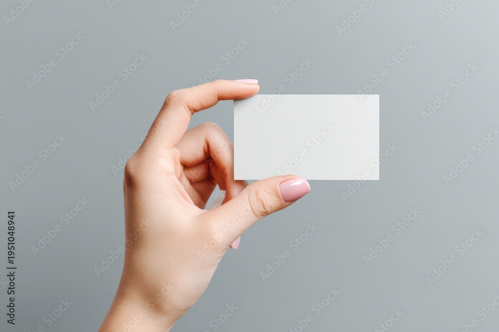 Fototapeta premium Hand holding a blank card against a gray backdrop