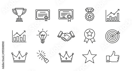 Collection of hand-drawn icons representing success achievement and business concepts.