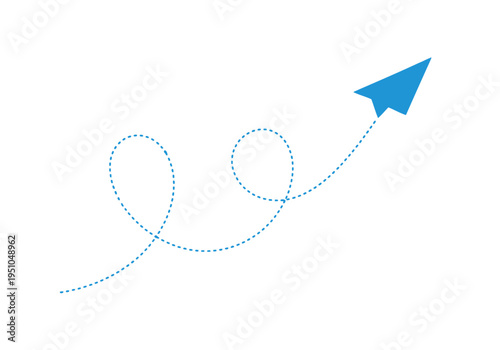 Blue paper plane flying along dashed spiral path on white background