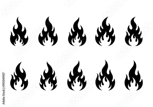 Collection of fire flame icons representing burning passion and energy