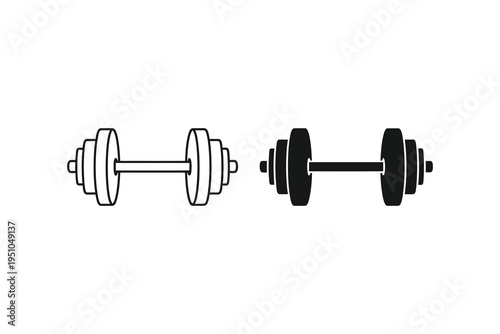 Black and white illustration of two dumbbells, one filled and one outlined, for fitness and workout concepts, symbolizing strength training and exercise routine.