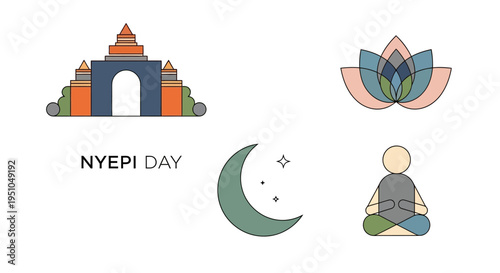 Illustration of a serene Nyepi Day celebration with a temple, lotus flower, crescent moon, and a meditating person, representing Balinese culture and spiritual reflection.