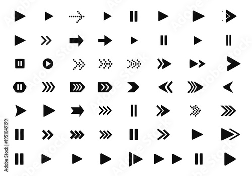 Collection of various arrow and play pause icons