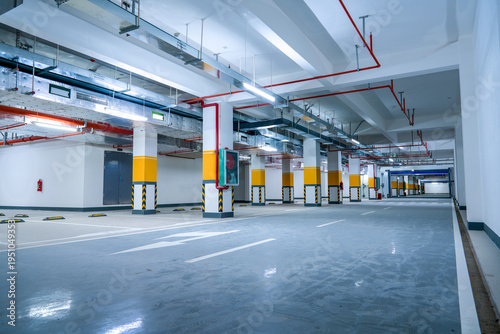 Newly built modern building underground large parking lot