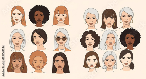Diverse Group of Women Faces Illustrated Portrait Collection.