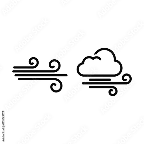 Weather icons depict a windy day with clouds and swirling air.