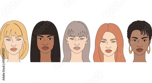Diverse group of women faces with different hairstyles and skin tones.