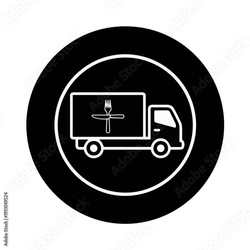 Logistics truck icon with a fork and spoon symbol on the cargo box, representing food delivery, supply chain, and hunger relief distribution