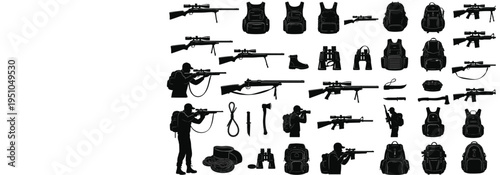 Comprehensive Vector Silhouette Set Featuring Hunting Rifles Tactical Backpacks Survival Equipment and Marksman Poses for Professional Outdoor Adventure and Military Graphic Design