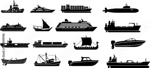 Marine Transportation Vector Silhouettes  Ships, Boats, and Yachts Icon Set