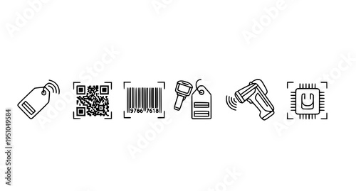 A set of six black and white vector icons depicting various technology and identification symbols