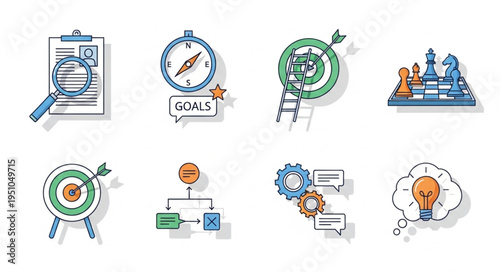 Business Strategy Icons Representing Goals and Planning.